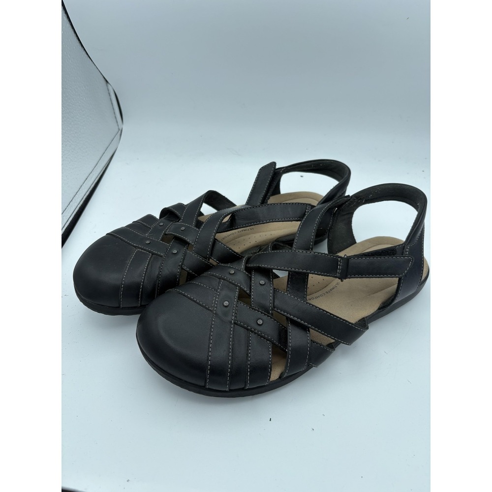 Clarks Shoes Womens Size 9 Black Leather Strappy Fisherman Sandals Flat Comfort
